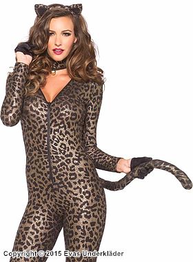 Leopard (kvinne), kostyme-catsuit, glitrende lurex, hale, glidelås på forsiden